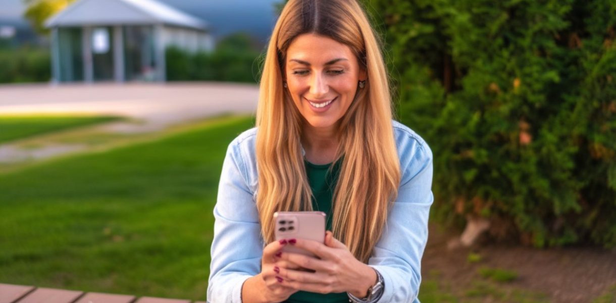 un femme regarde son smartphone avec le sourire
